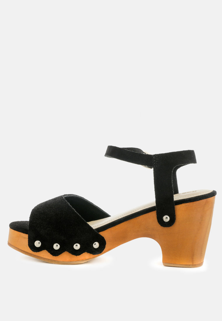 LIONA Black Studded Suede Wooden Clogs-Black