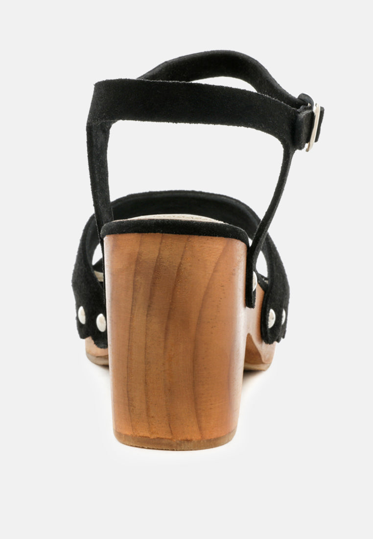 LIONA Black Studded Suede Wooden Clogs-Black