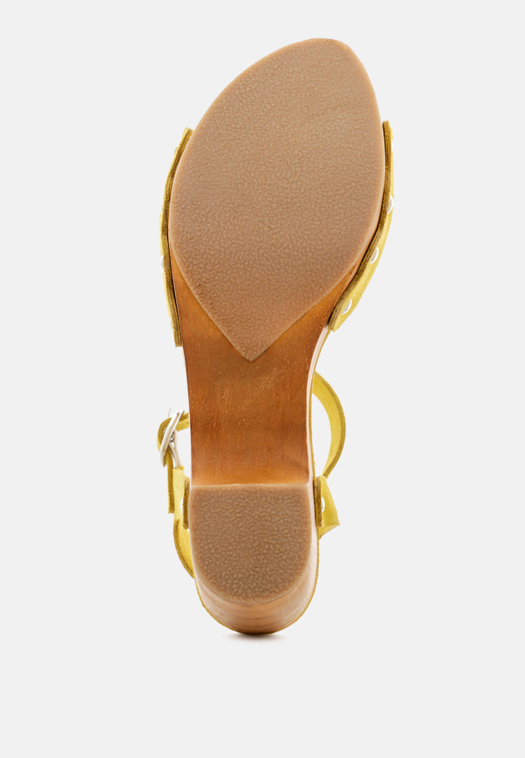 LIONA Mustard Studded Suede Wooden Clogs-Mustard