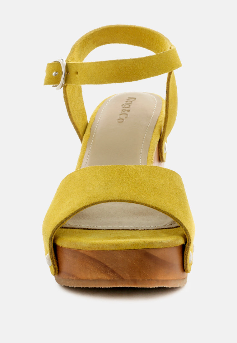 LIONA Mustard Studded Suede Wooden Clogs-Mustard