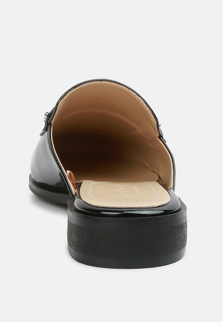 YASHTA Black Patent Studded Flat Mules#color_Black