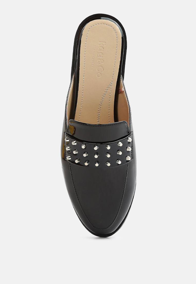 YASHTA Black Patent Studded Flat Mules#color_Black