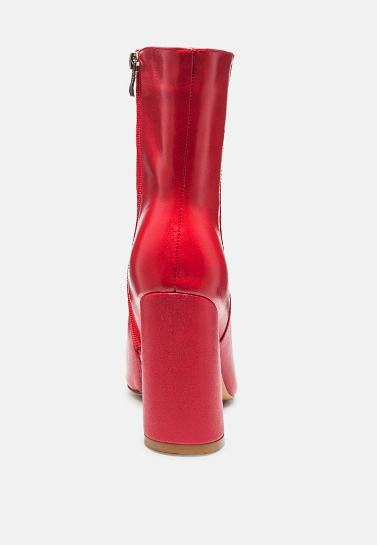 MARGEN Ankle High Pointed Toe Block Heeled Boot in Red-RED