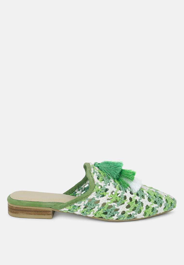 MARIANA Green Woven Flat Mules With Tassels-Green