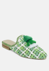 MARIANA Green Woven Flat Mules With Tassels-Green