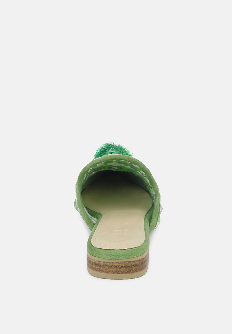MARIANA Green Woven Flat Mules With Tassels-Green