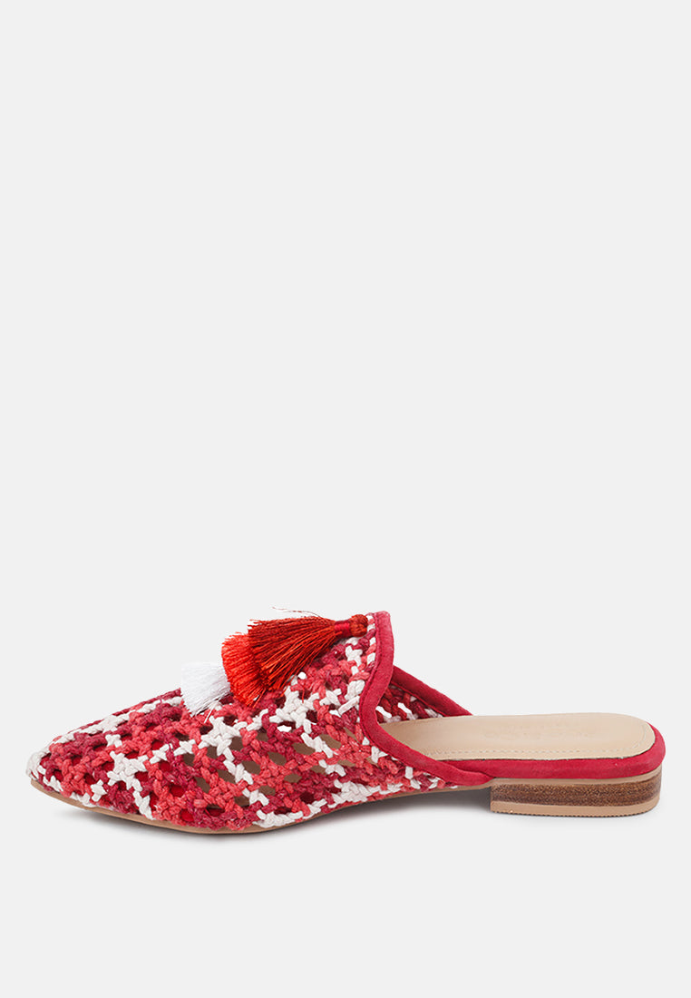 MARIANA Red Woven Flat Mules With Tassels-Red