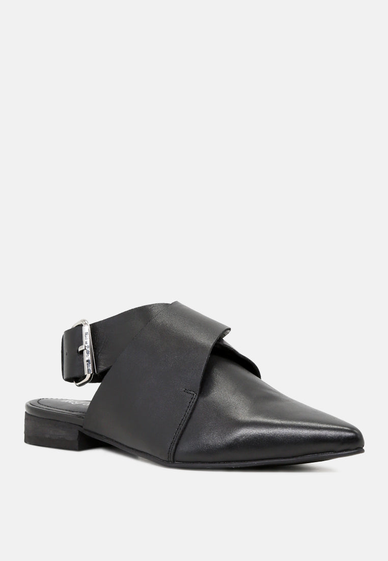 MARIKO Black Leather Mules With Buckle Closure-Black