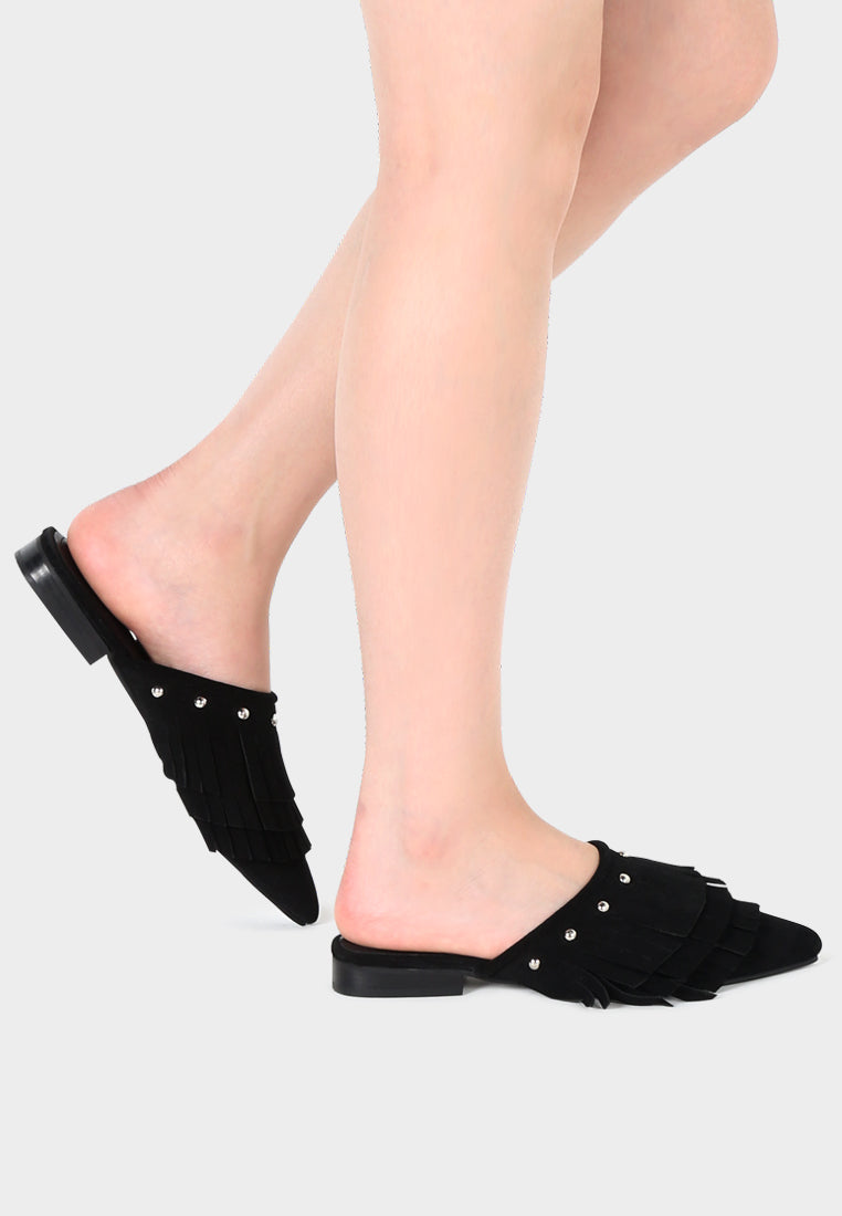 MARISSA Black Suede Fringe Mules-Black