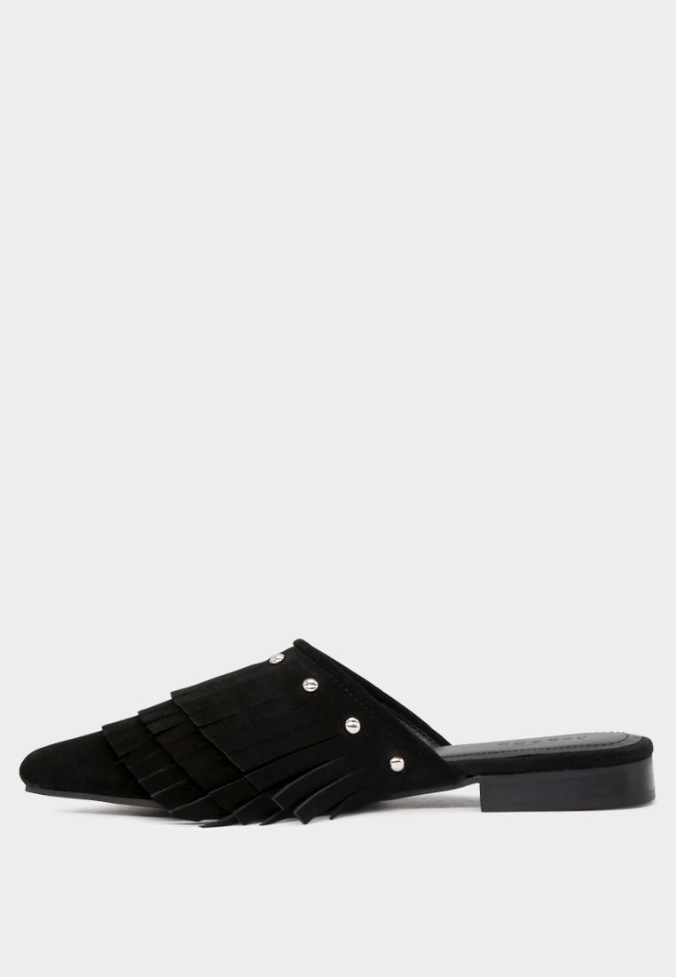 MARISSA Black Suede Fringe Mules-Black