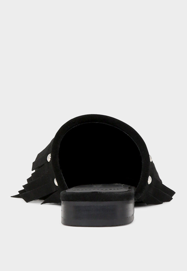 MARISSA Black Suede Fringe Mules-Black