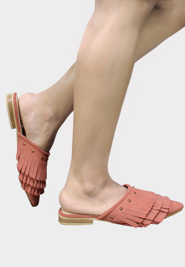 MARISSA Pink Marissa Suede Fringe Mules-Pink
