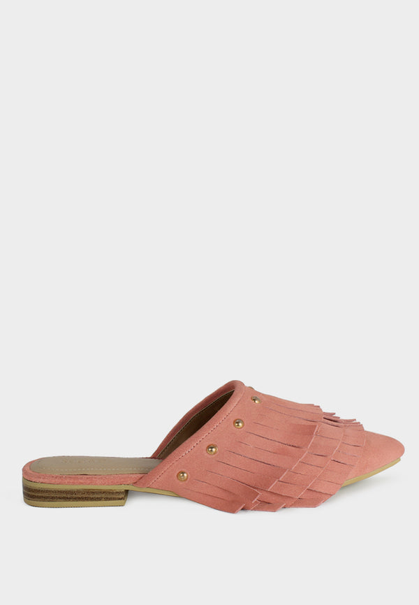 MARISSA Pink Marissa Suede Fringe Mules-Pink