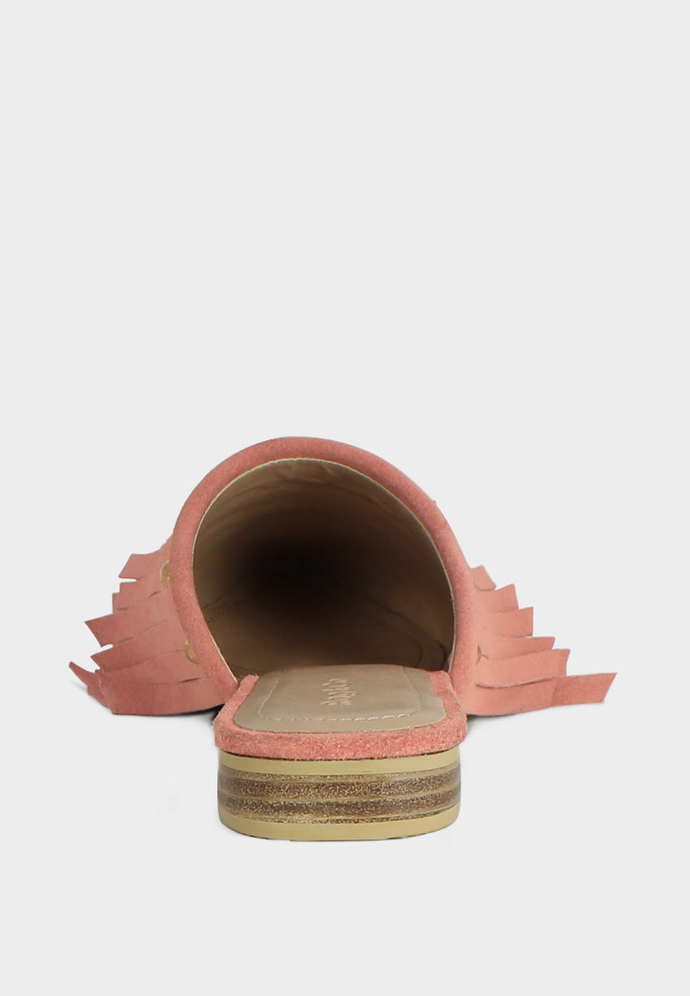 MARISSA Pink Marissa Suede Fringe Mules-Pink