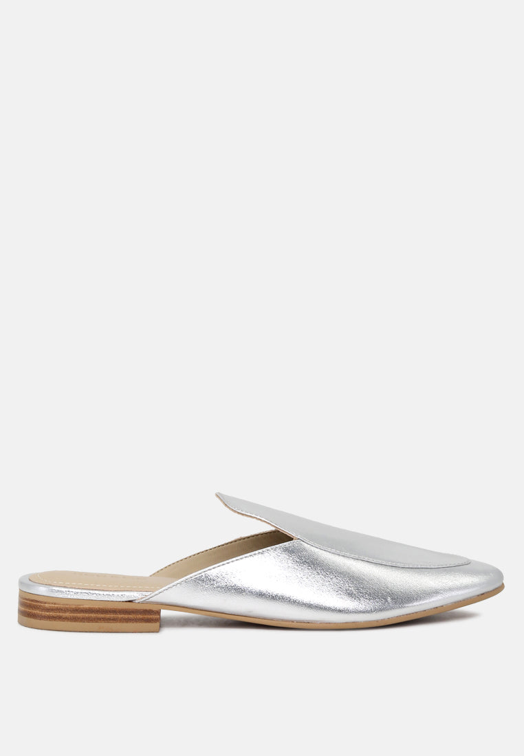 MARLA Silver Metallic Leather Mules-Silver