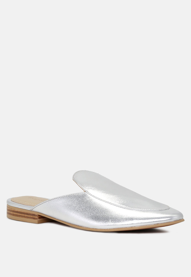 MARLA Silver Metallic Leather Mules-Silver