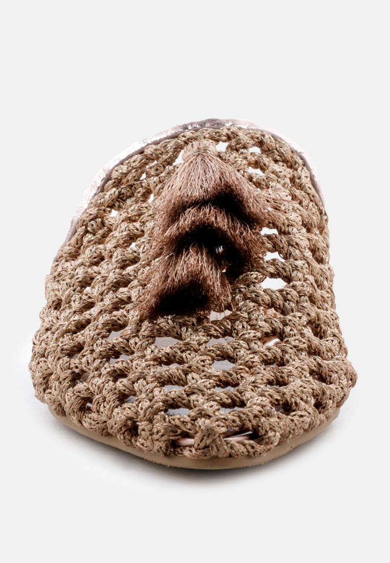 MELANIE Gold Woven Flat Mules With Tassels_Bronze