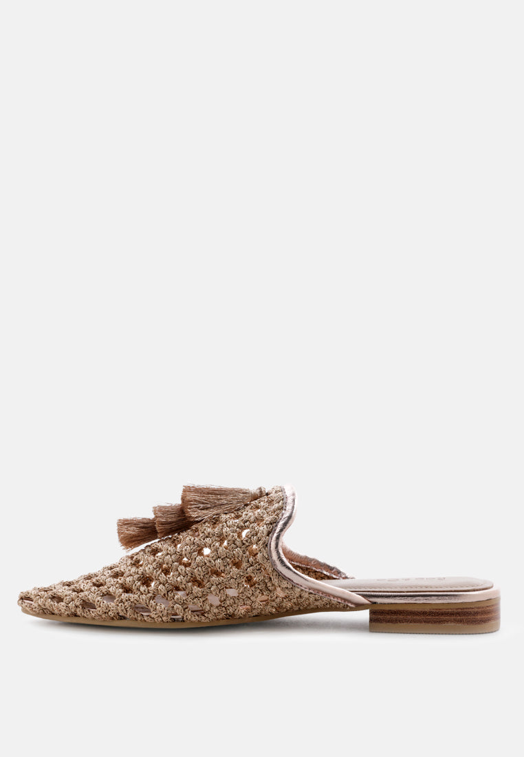 MELANIE Gold Woven Flat Mules With Tassels_Bronze