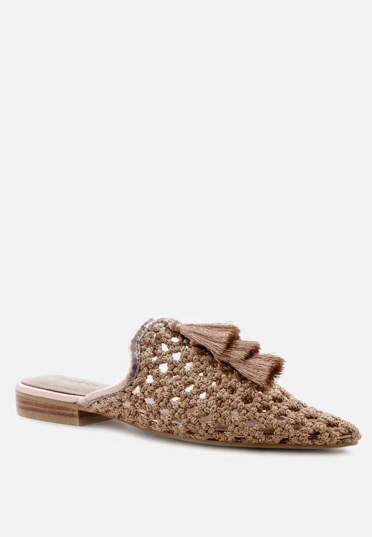 MELANIE Gold Woven Flat Mules With Tassels_Bronze