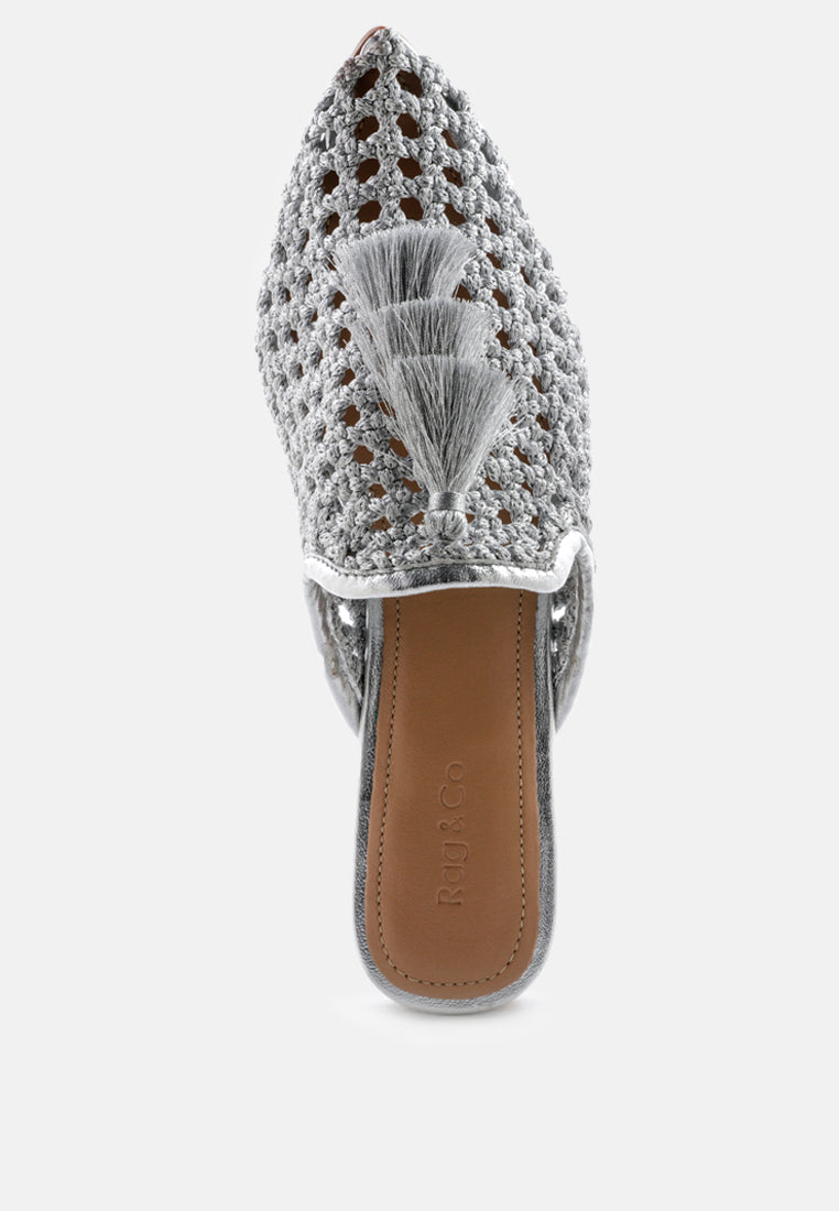 MELANIE Silver Woven Flat Mules With Tassels-Silver