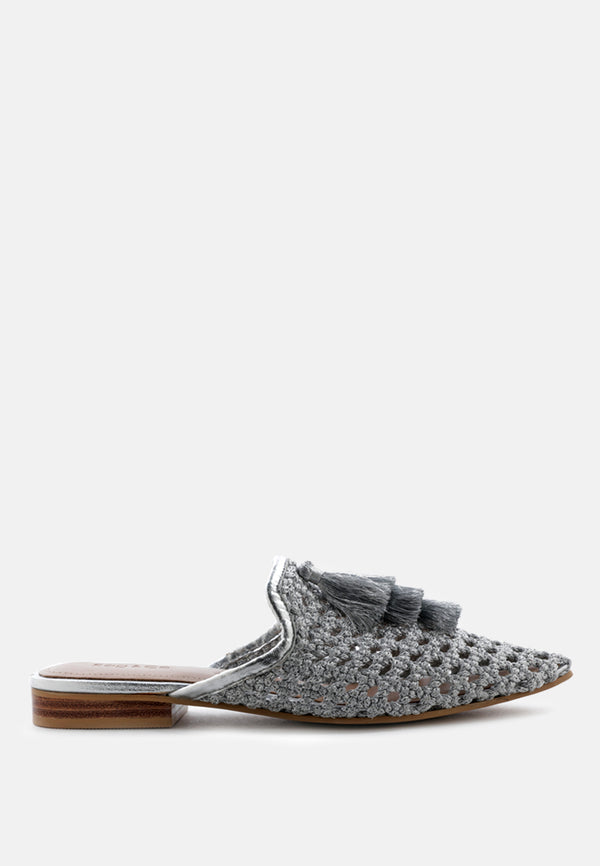 MELANIE Silver Woven Flat Mules With Tassels-Silver