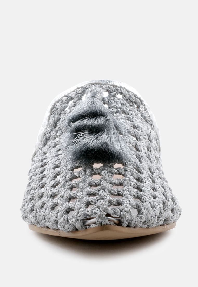 MELANIE Silver Woven Flat Mules With Tassels-Silver