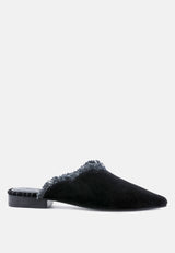 MOLLY Black Frayed Leather Mules-Black