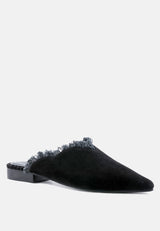 MOLLY Black Frayed Leather Mules-Black