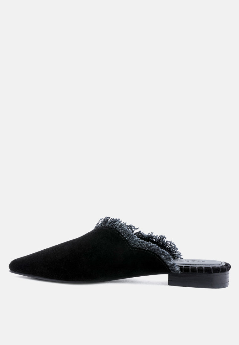 MOLLY Black Frayed Leather Mules-Black
