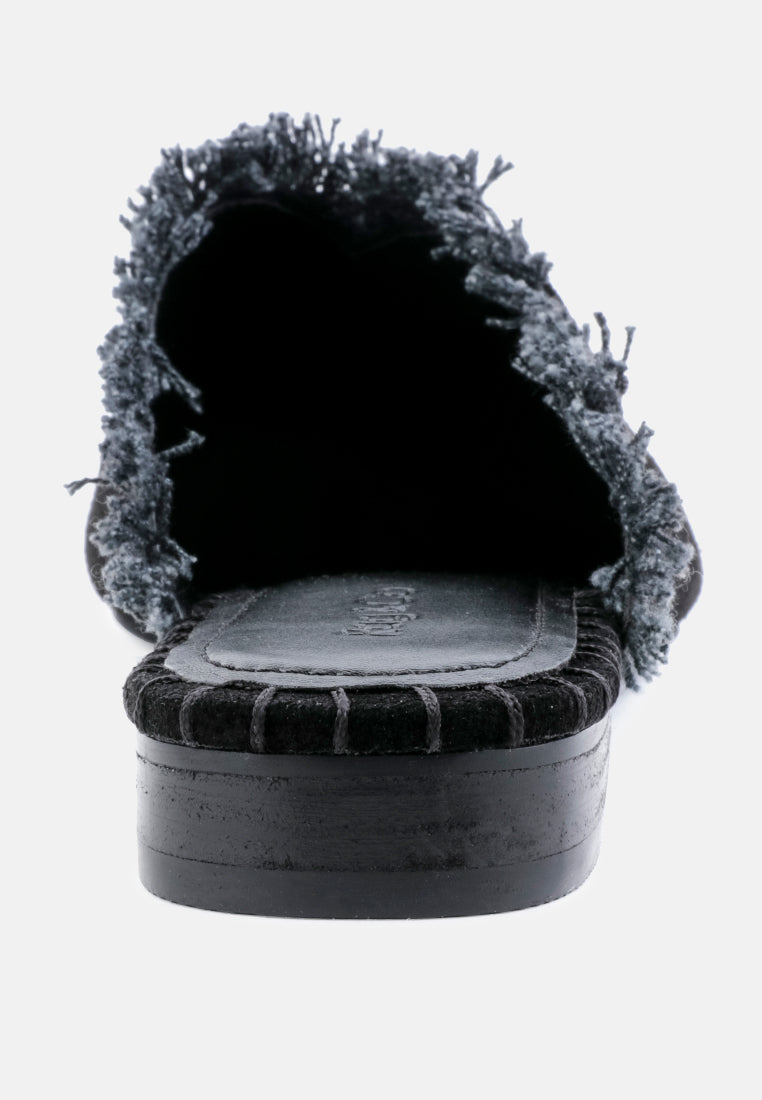 MOLLY Black Frayed Leather Mules-Black