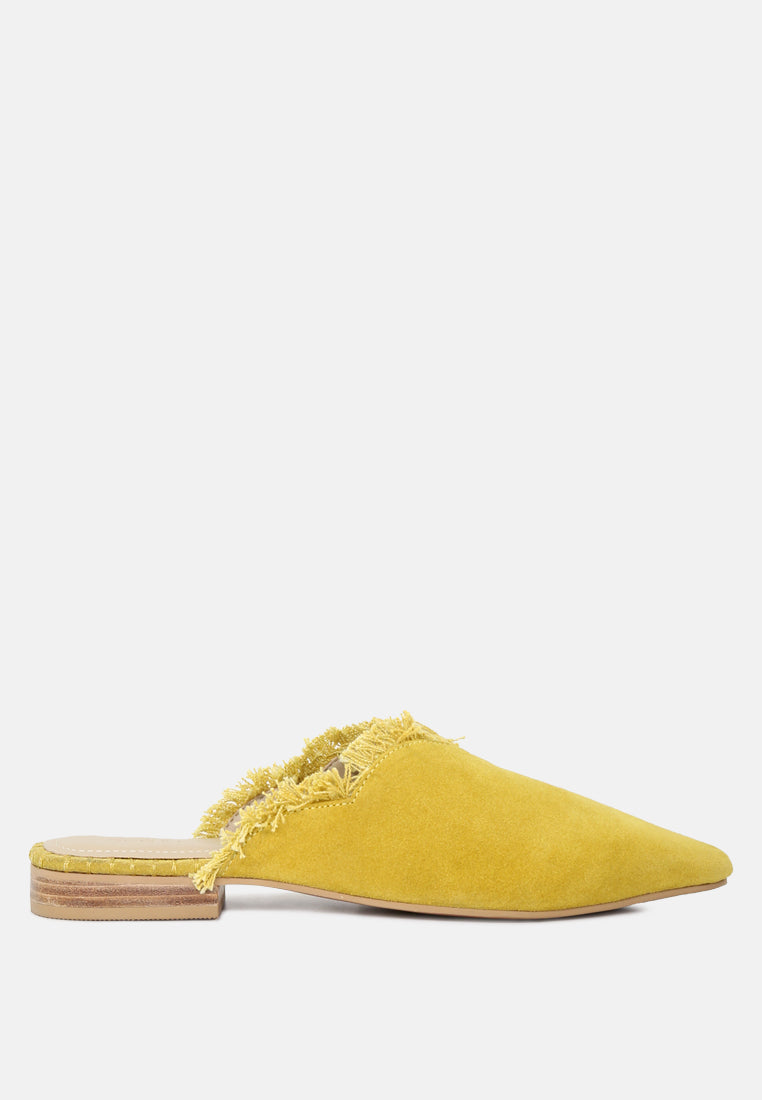MOLLY Mustard Frayed Leather Mules-Mustard