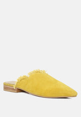 MOLLY Mustard Frayed Leather Mules-Mustard
