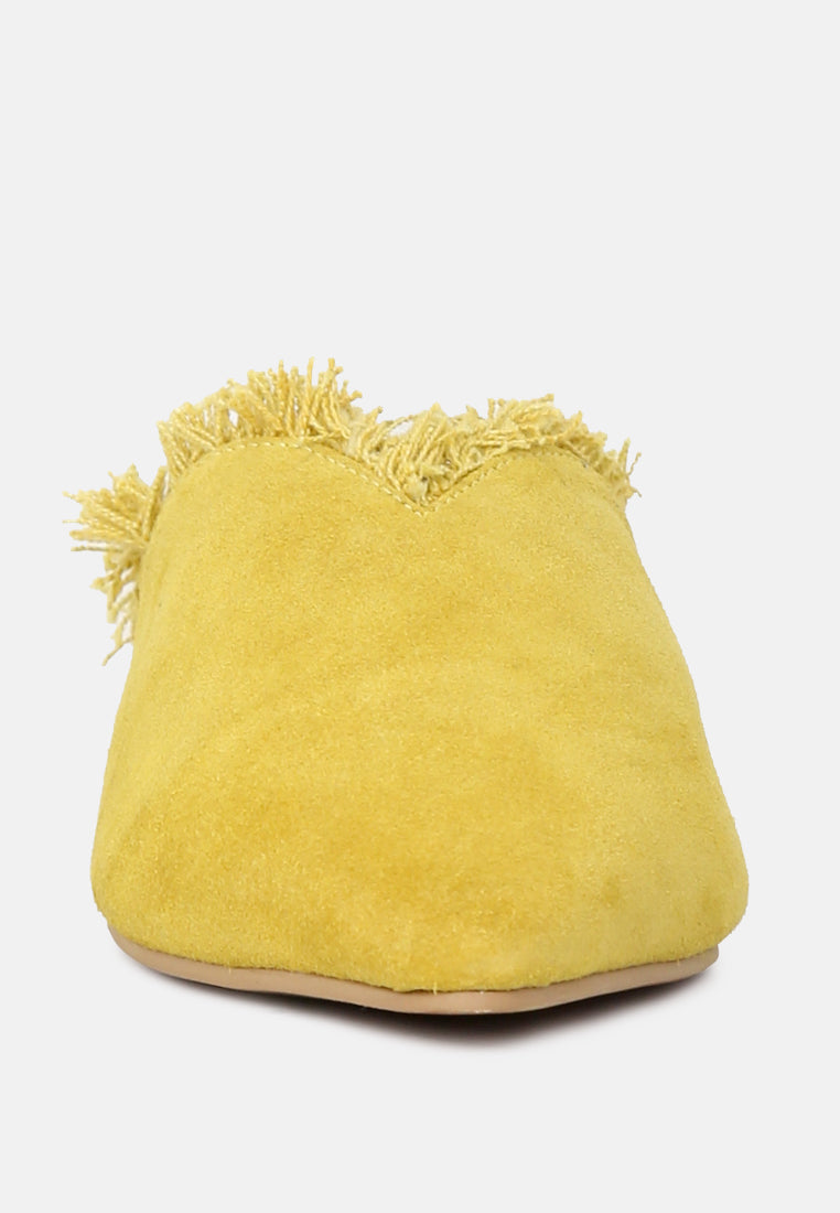 MOLLY Mustard Frayed Leather Mules-Mustard
