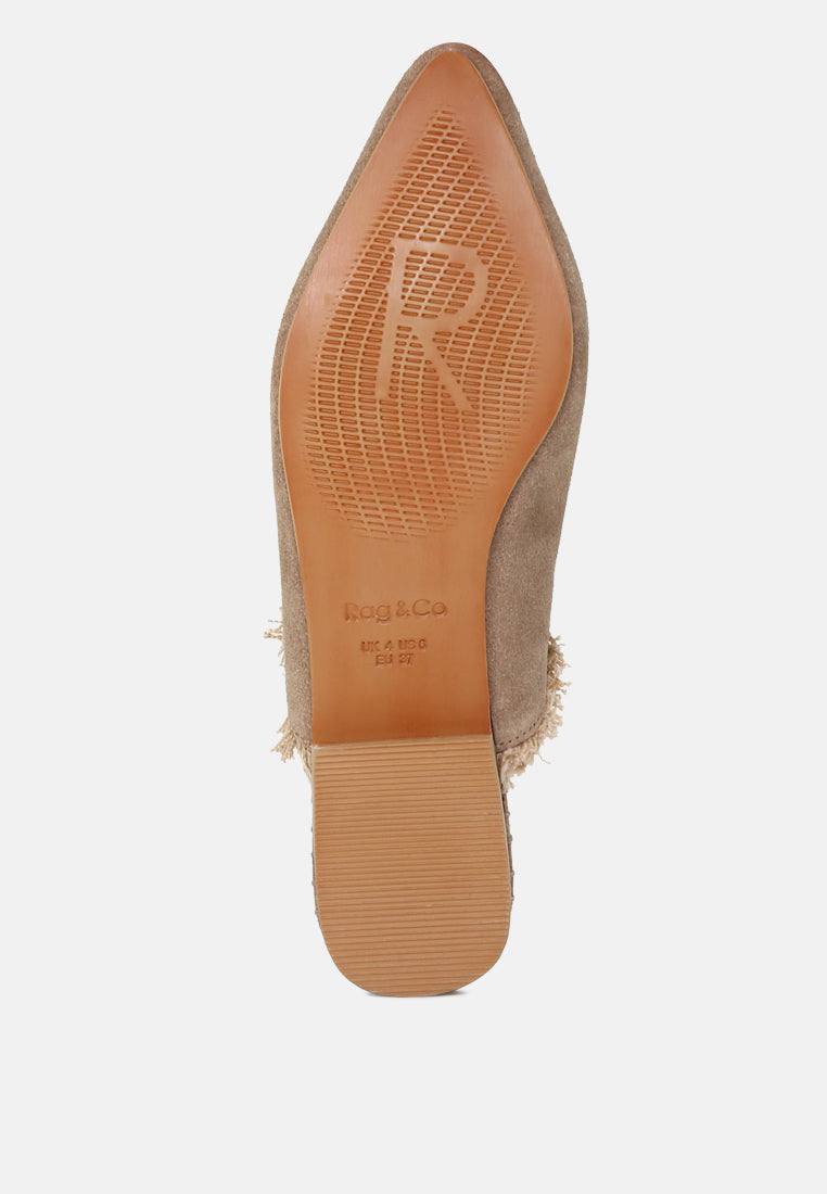 MOLLY Taupe Frayed Leather Mules-Taupe