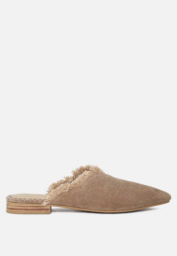 MOLLY Taupe Frayed Leather Mules-Taupe