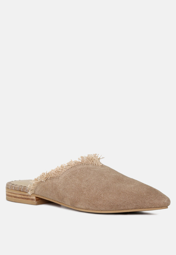 MOLLY Taupe Frayed Leather Mules-Taupe