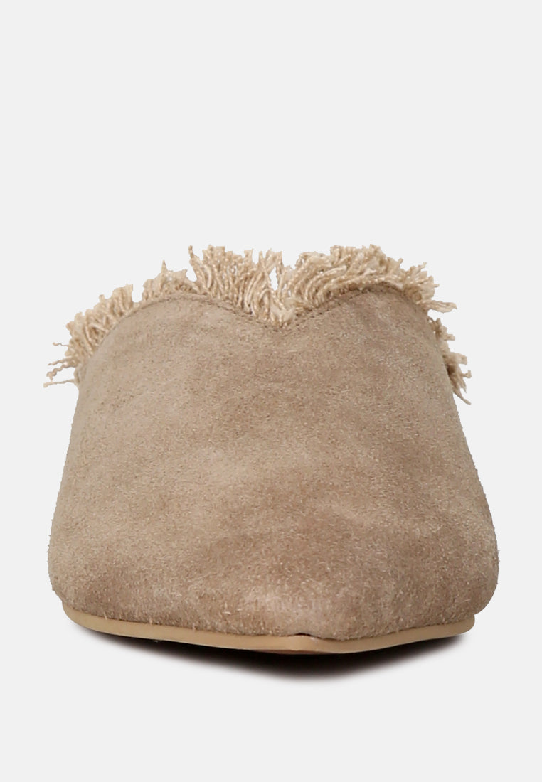 MOLLY Taupe Frayed Leather Mules-Taupe