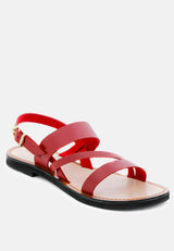 MONA Red Flat Sandal with Ankle Strap-Red