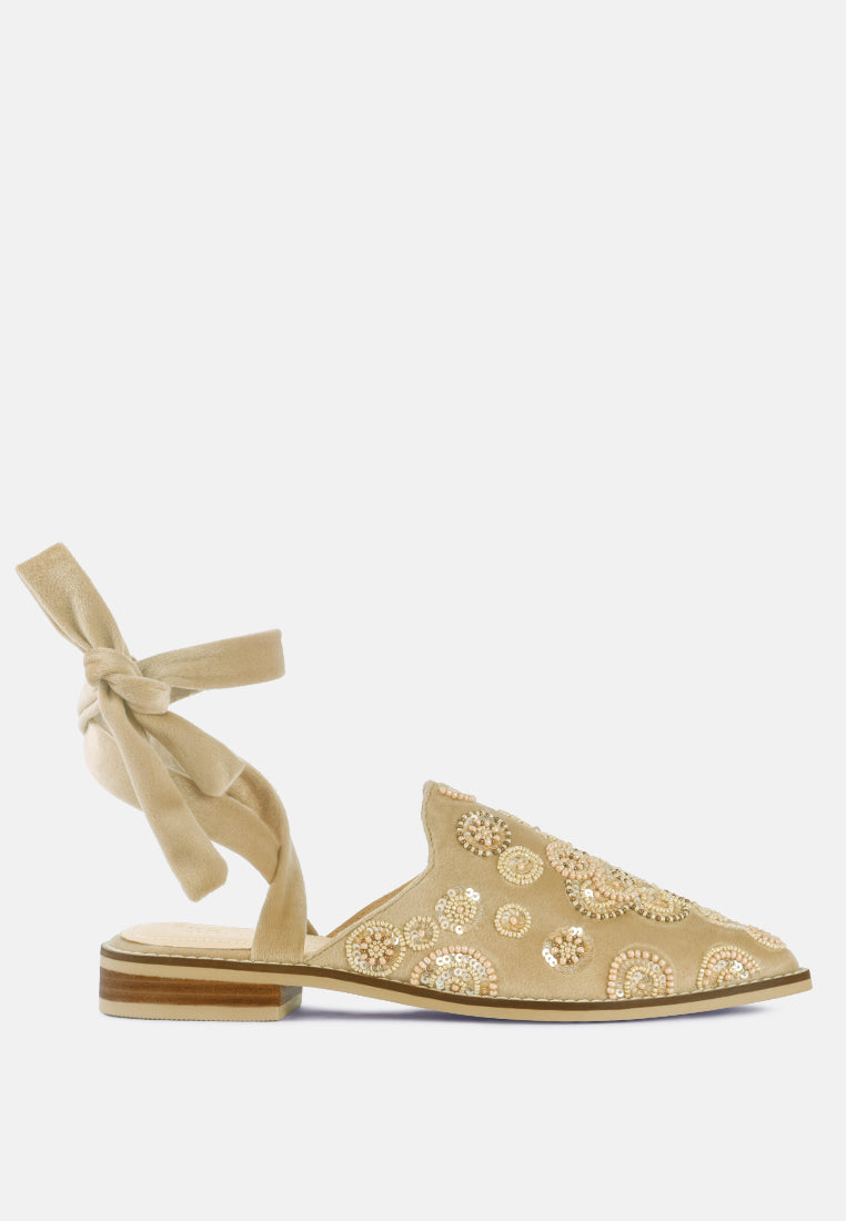 Mande Embroidered Embroidered Velvet Mules in Beige-Beige