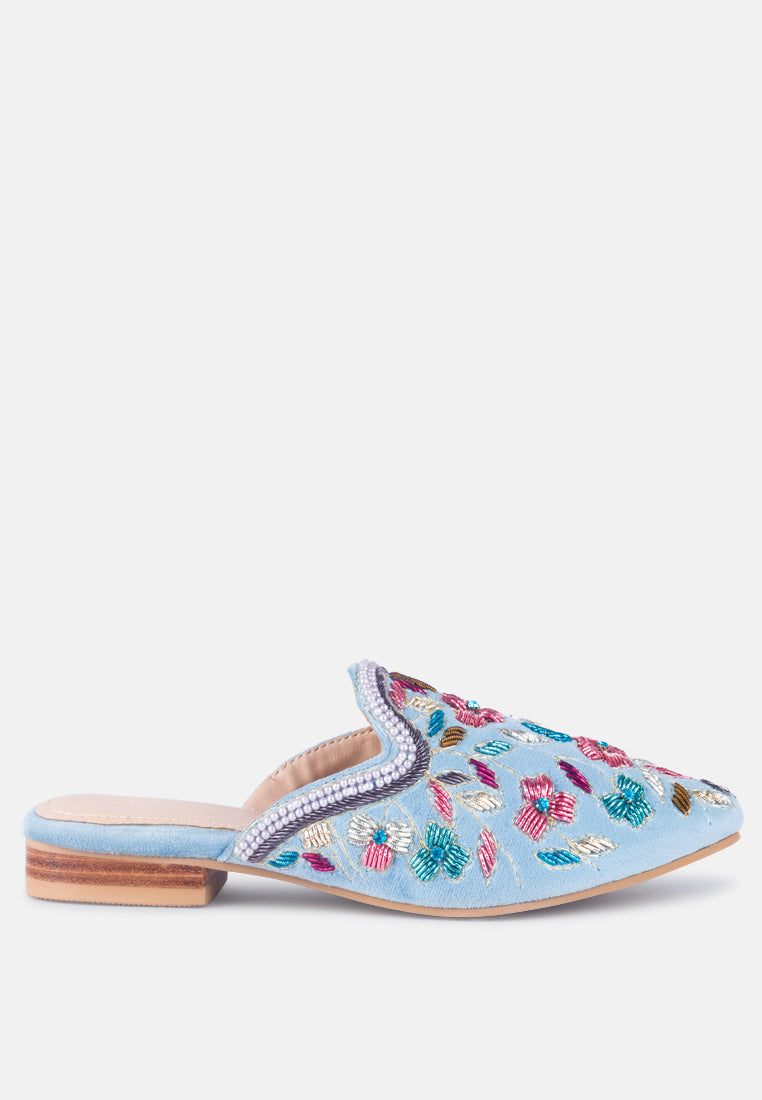 Buy Marcella Blue Embroidered Mules | Mules | Rag & Co United States