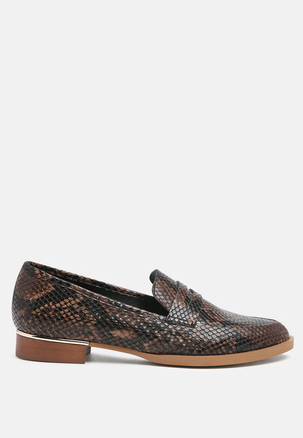 NADIA Brown Snake Textured Loafers-Brown