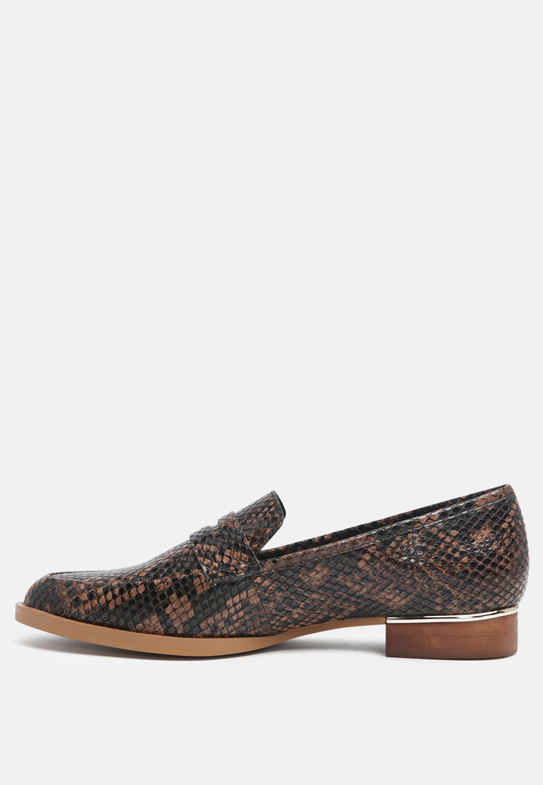 NADIA Brown Snake Textured Loafers-Brown