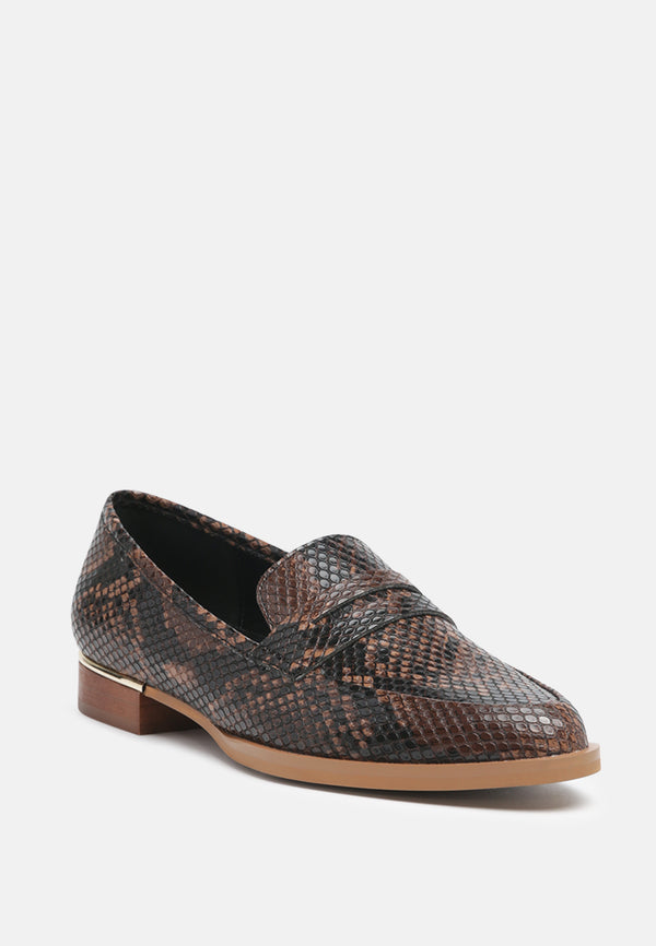 NADIA Brown Snake Textured Loafers-Brown