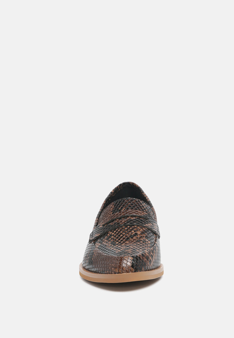 NADIA Brown Snake Textured Loafers-Brown