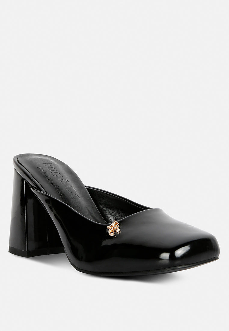 neoplast black patent pu block heeled mules#color_black