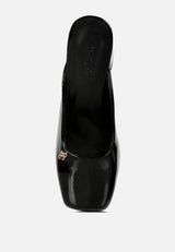 neoplast black patent pu block heeled mules#color_black