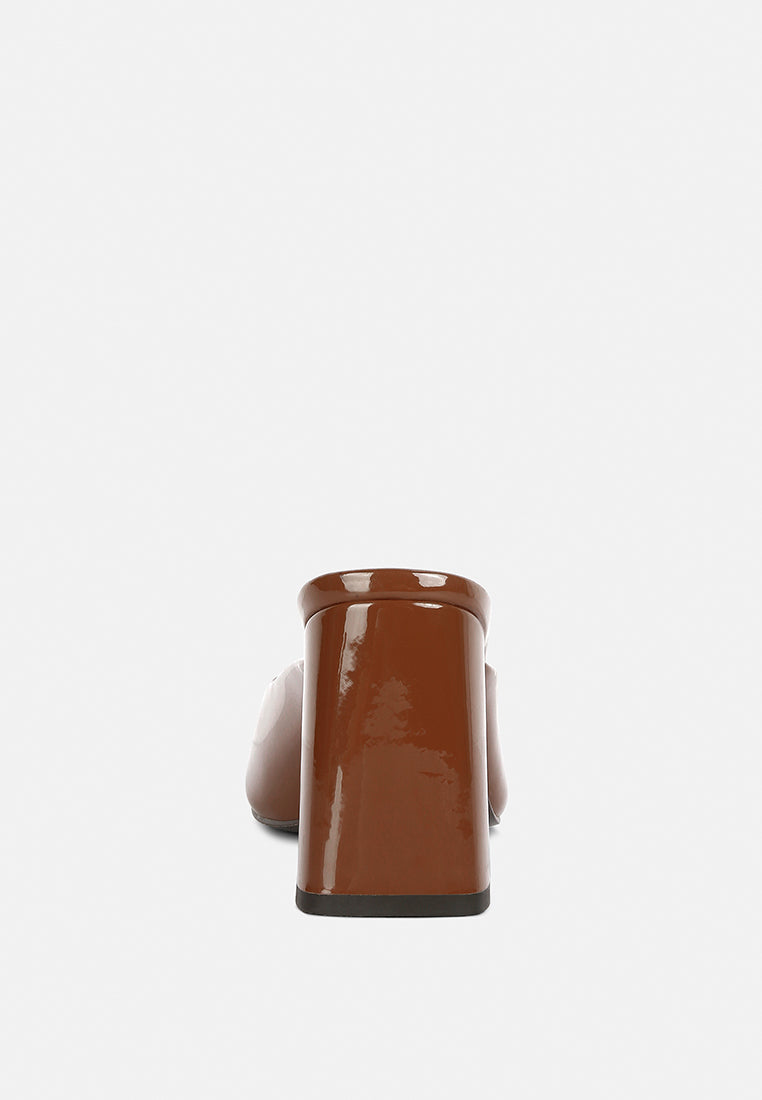 neoplast brown patent pu block heeled mules#color_brown
