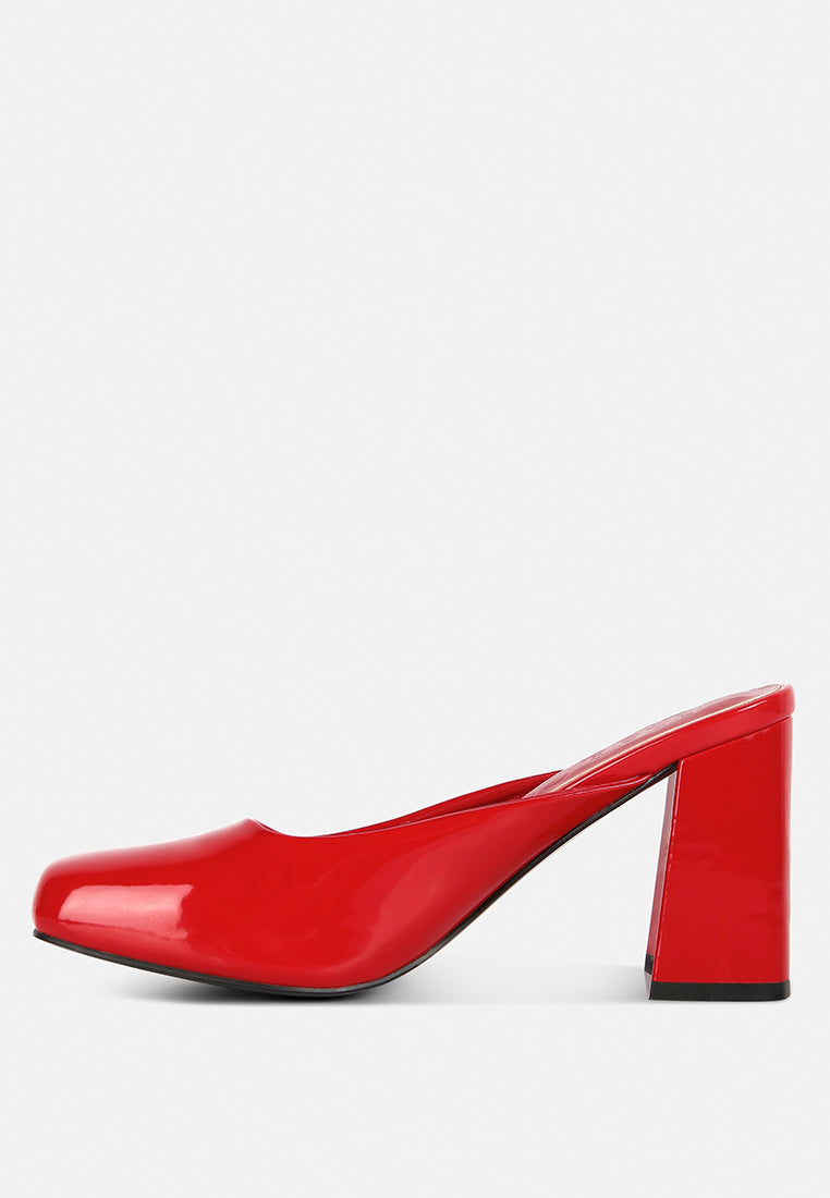 neoplast red patent pu block heeled mules#color_red