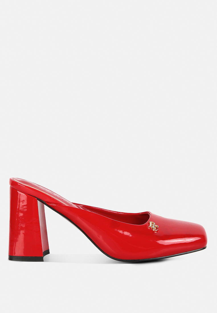 neoplast red patent pu block heeled mules#color_red