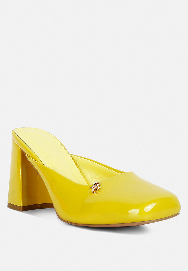 neoplast yellow patent pu block heeled mules#color_yellow